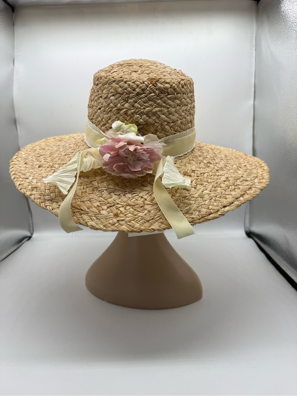 Lack of color floral hat.